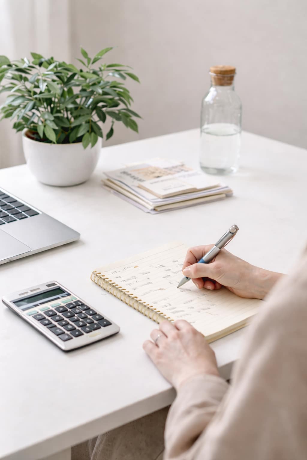 EmVie Redovisning | Norrtälje Löpande bokföring – arbete med siffror, anteckningar och struktur i ljus kontorsmiljö